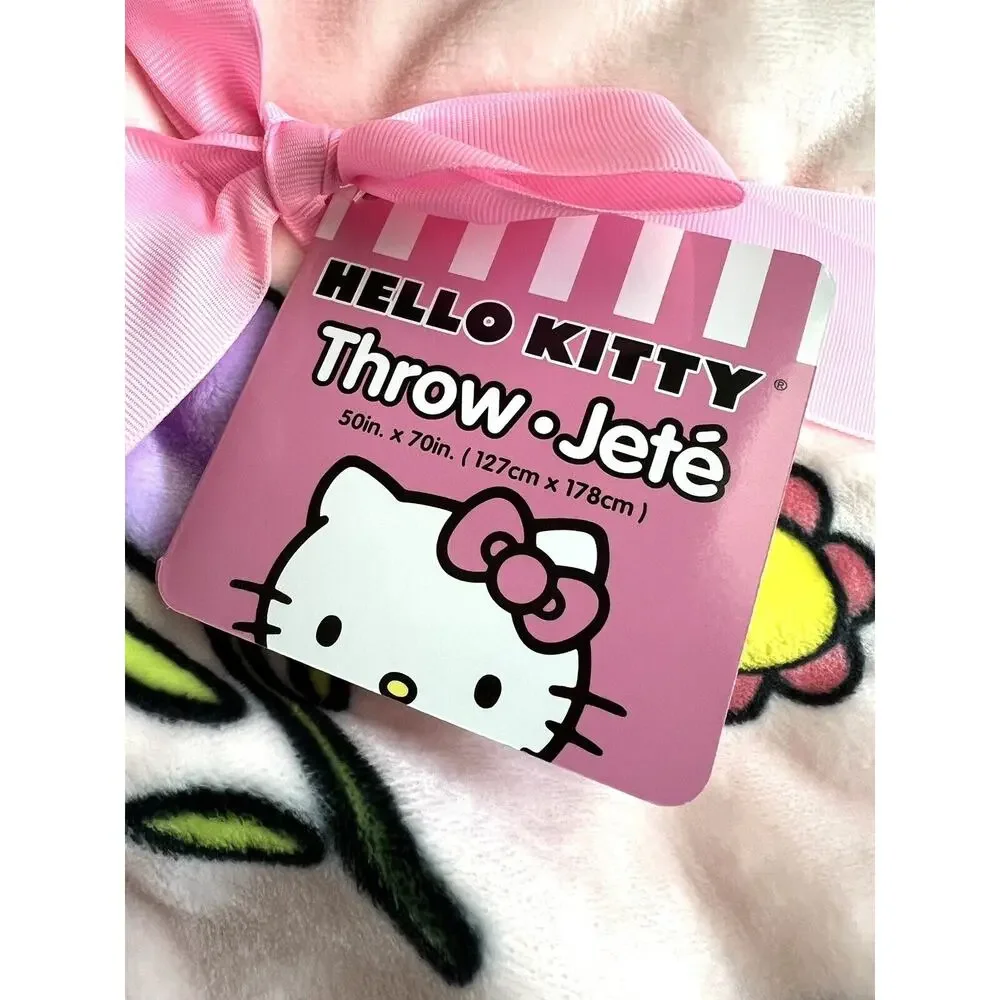 Hello Kitty Throw Blanket Spring Easter Flowers Pink Plush Fleece 50” X 70” PINK